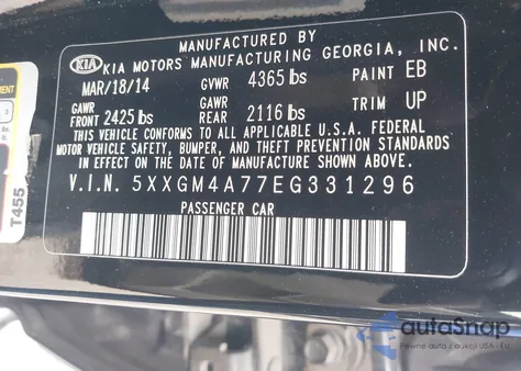 2014 Kia Optima Lx из США, поврежденный, VIN 5XXGM4A77EG331296